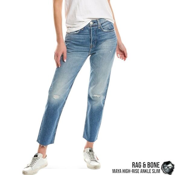 RAG & BONE MAYA HIGH-RISE ANKLE STRAIGHT JEANS IN AQUARIUS W/ HOLES SIZE 28 - Picture 16 of 16